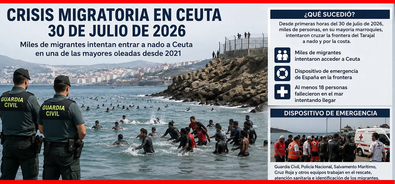 Crisis migratoria en Ceuta el 30 de julio de 2026 con miles de migrantes cruzando desde Marruecos