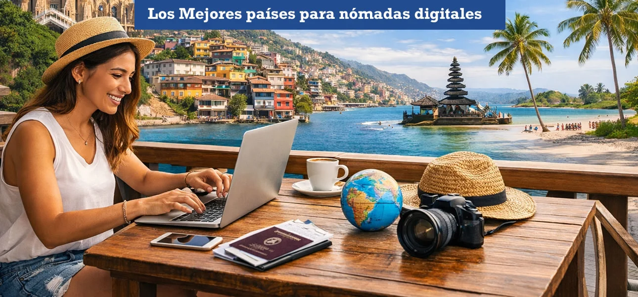 nómada digital trabajando frente al mar en países ideales para trabajar remoto en 2026